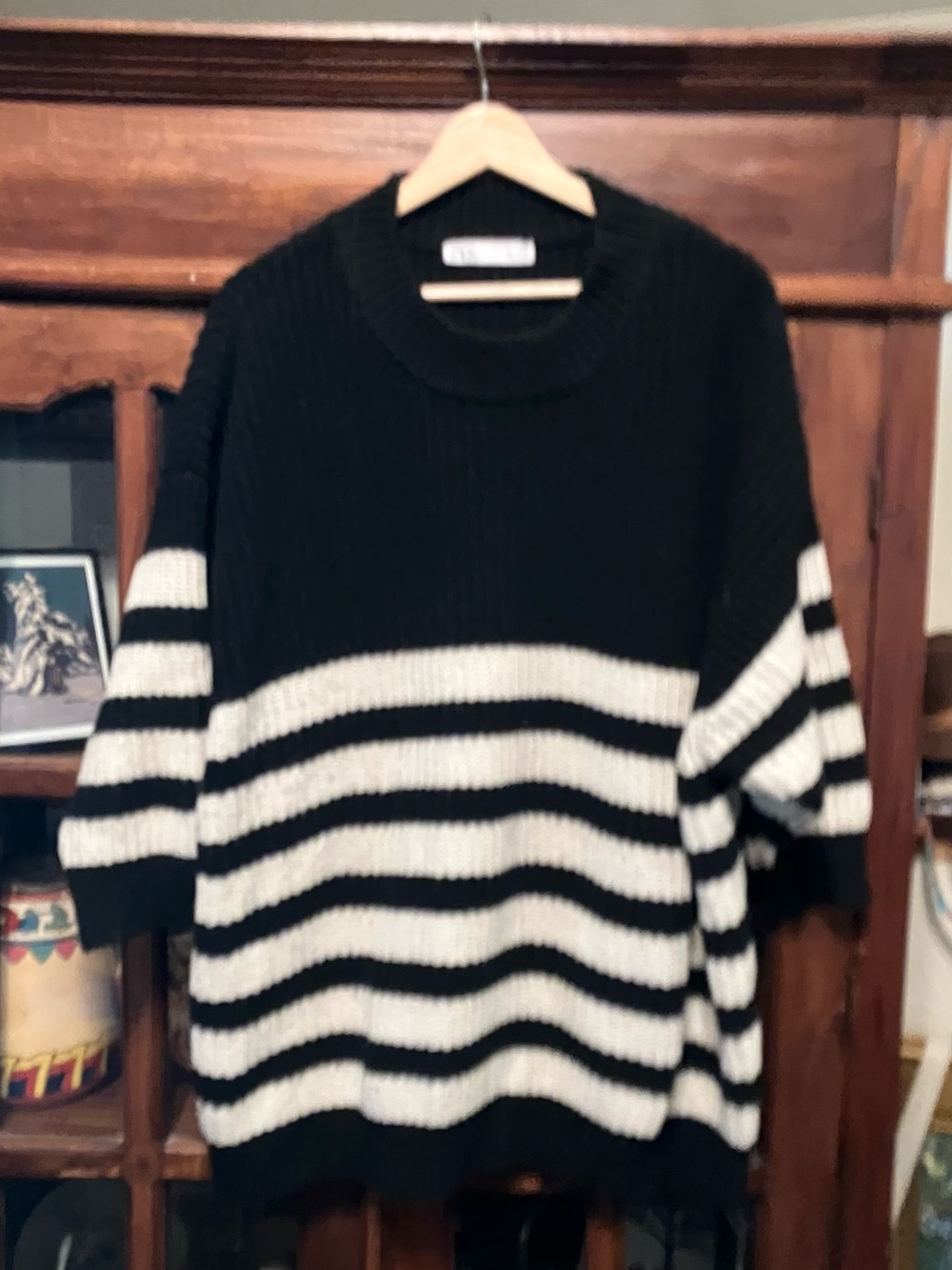 Zara Black and White Striped Crewneck Sweater